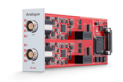 Bild: The RASdelta Analog Board 8-channel measures analog variables such as airborne and structure-borne nosie, acceleration, temperature, displacement or pressure. These variables can be used to determine the position of a sound source or to analyze the valve train or cylinder pressure. The analog measurement data is acquired by time equidistant sampling.